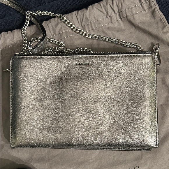 All Saints Metallic Gun Smoke Grey Cross Body Wristlet with 2 Straps - Picture 4 of 12